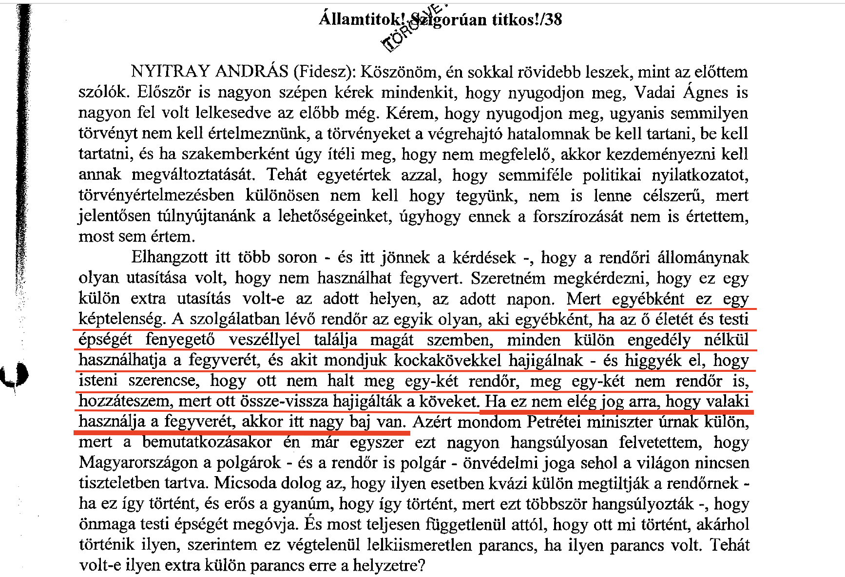 Nyitray András felszólalásának jegyzőkönyvrészlete